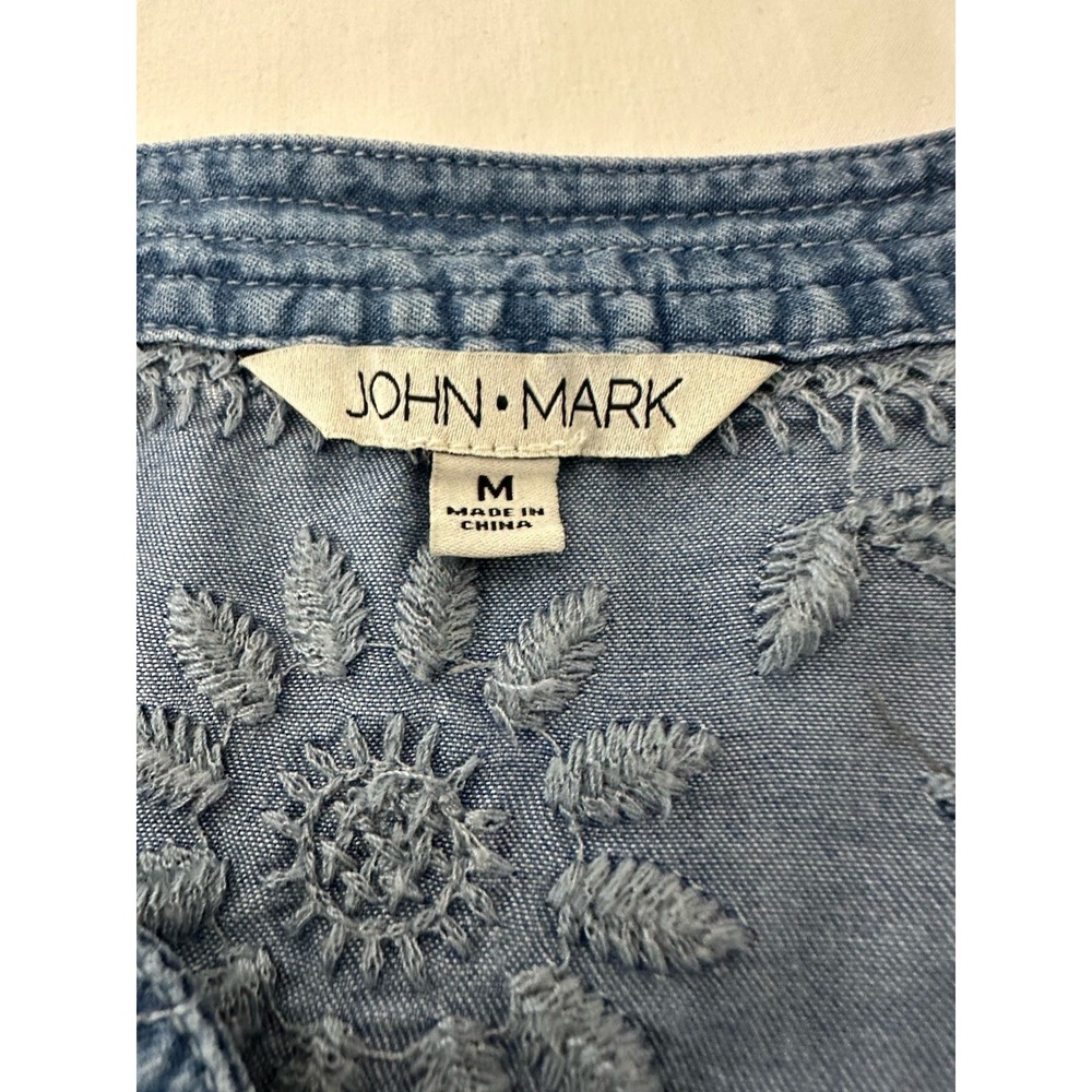 John Mark Blue Chambray All Over. Embroidered Tunic Raw Hem Size M Boho Western - Picture 3 of 8